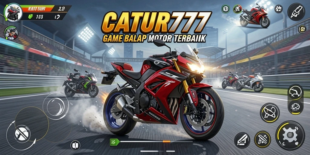 Screenshot gameplay CATUR777 yang menunjukkan kecepatan balapan motor yang mendebarkan.
