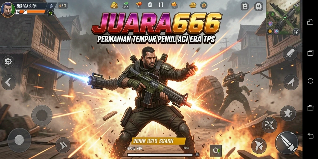 Tampilan gameplay mendebarkan dalam JUARA666 dengan aksi tembak-menembak yang intens.