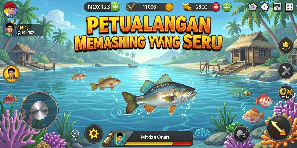 Screenshot gameplay menunjukkan petualangan memancing yang mendebarkan.