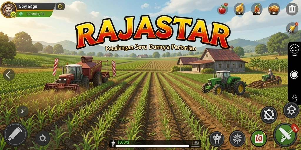 Tangkapan layar utama RAJASTAR menampilkan aktivitas bertani yang seru.