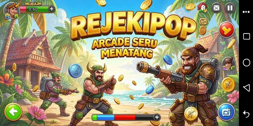 Tampilan gameplay seru dari REJEKIPOP dengan karakter yang dinamis.
